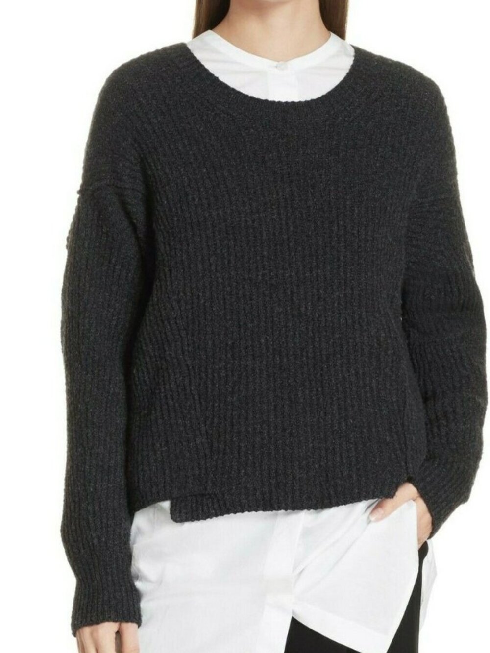 Vince Wool Overlap Panel Crew Sweater- Heather Black Sz S